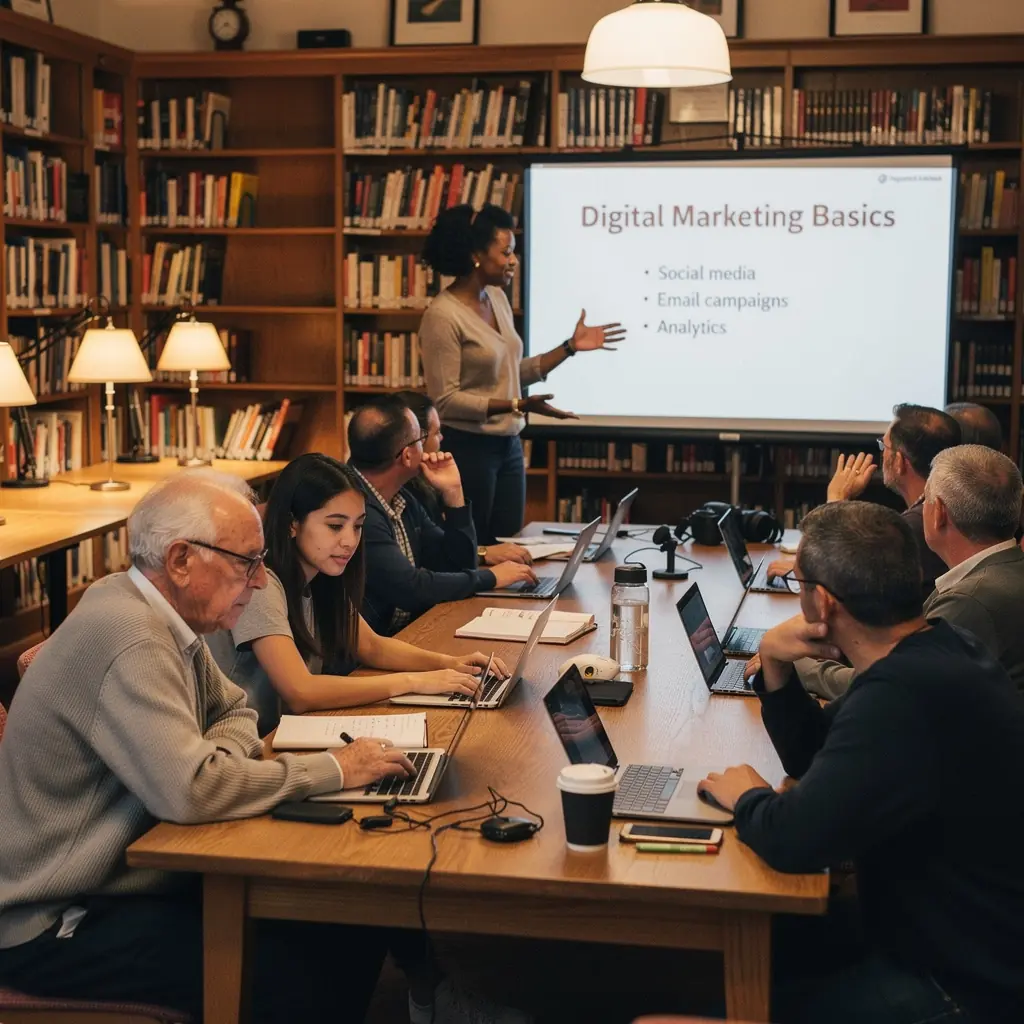 Студенты, работающие в команде над проектом по цифровому маркетингу.