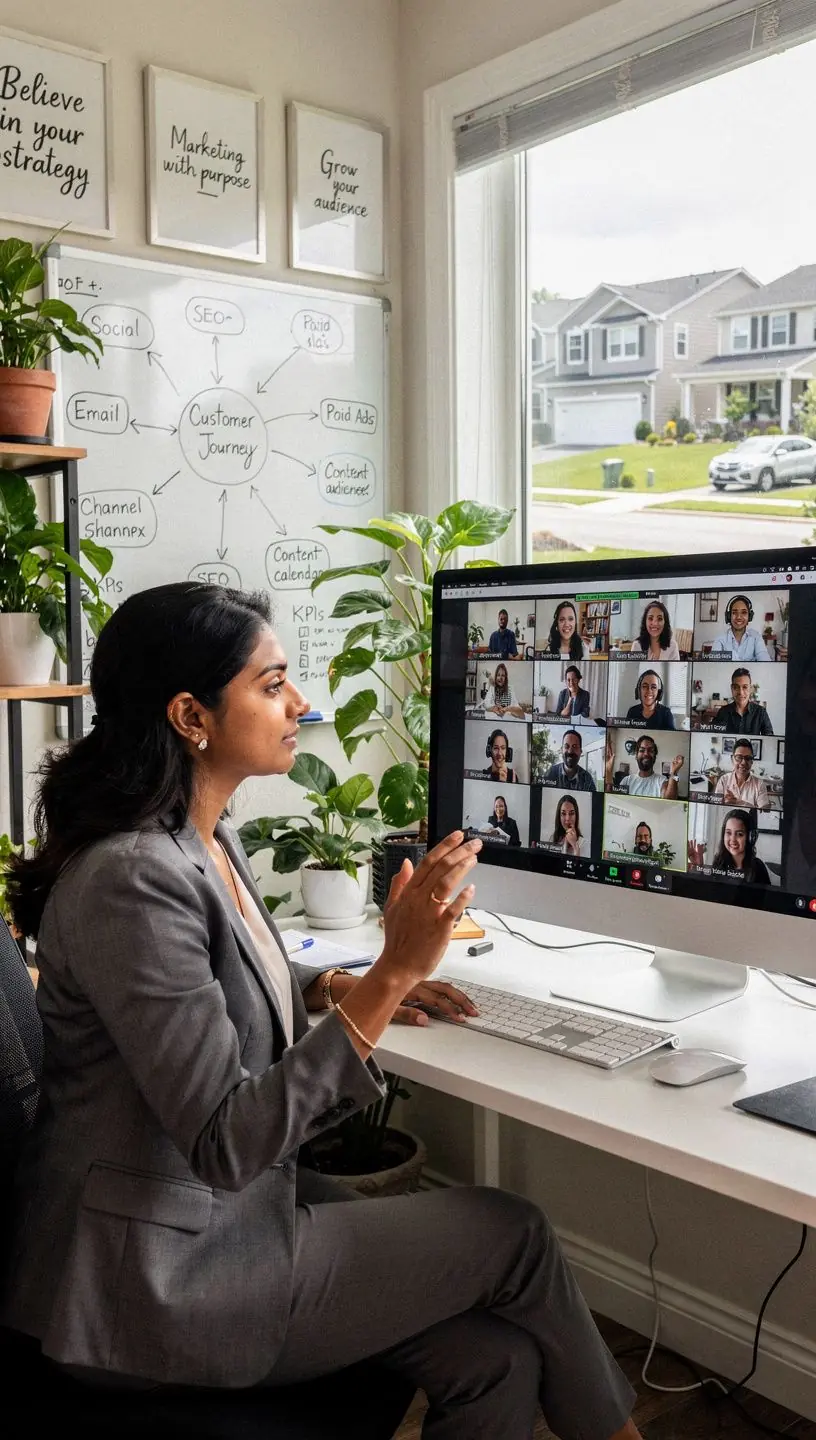 Запись на курс по цифровому маркетингу с изображением учебных материалов и ноутбуков.